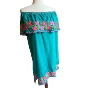 Vintage Dress Mexican Embroidered Off Shoulder Floral Mini Peasant Teal Large